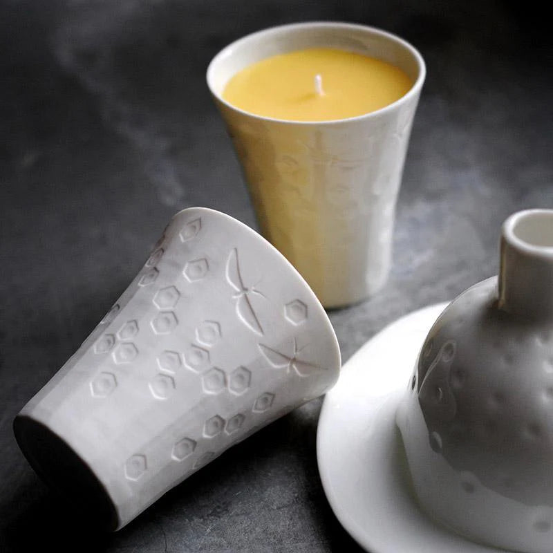Beeswax Candle and Porcelain Tea Light Holder